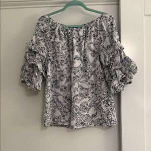 CeCe White Blouse with Navy Paisley Print